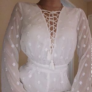 FOREVER 21 White Long Sleeve Detailed ROMPER